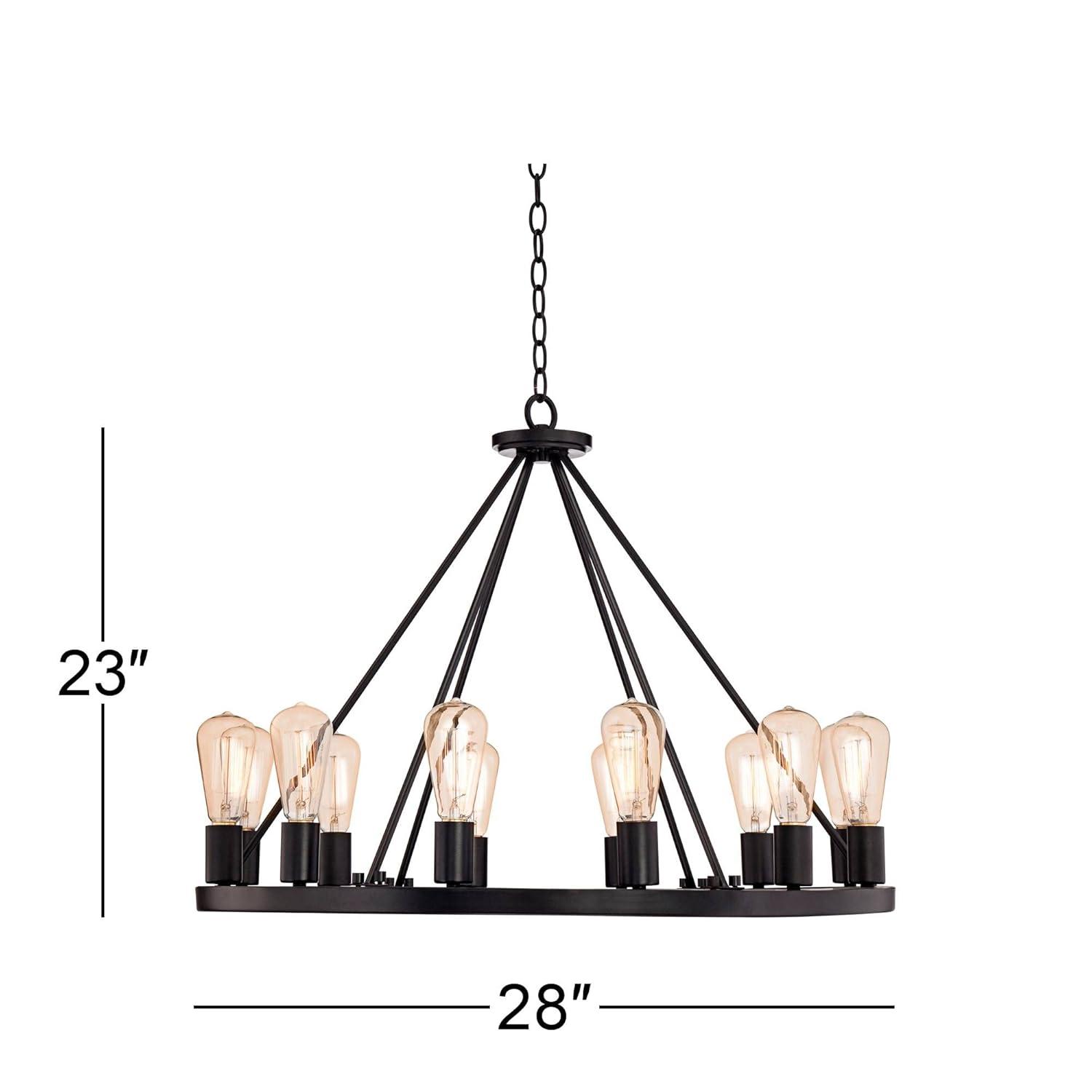 Franklin Iron Works Lacey Black Wagon Wheel Chandelier 28" Wide Industrial 12-Light LED Fixture for Dining Room House Foyer Kitchen Island Entryway
