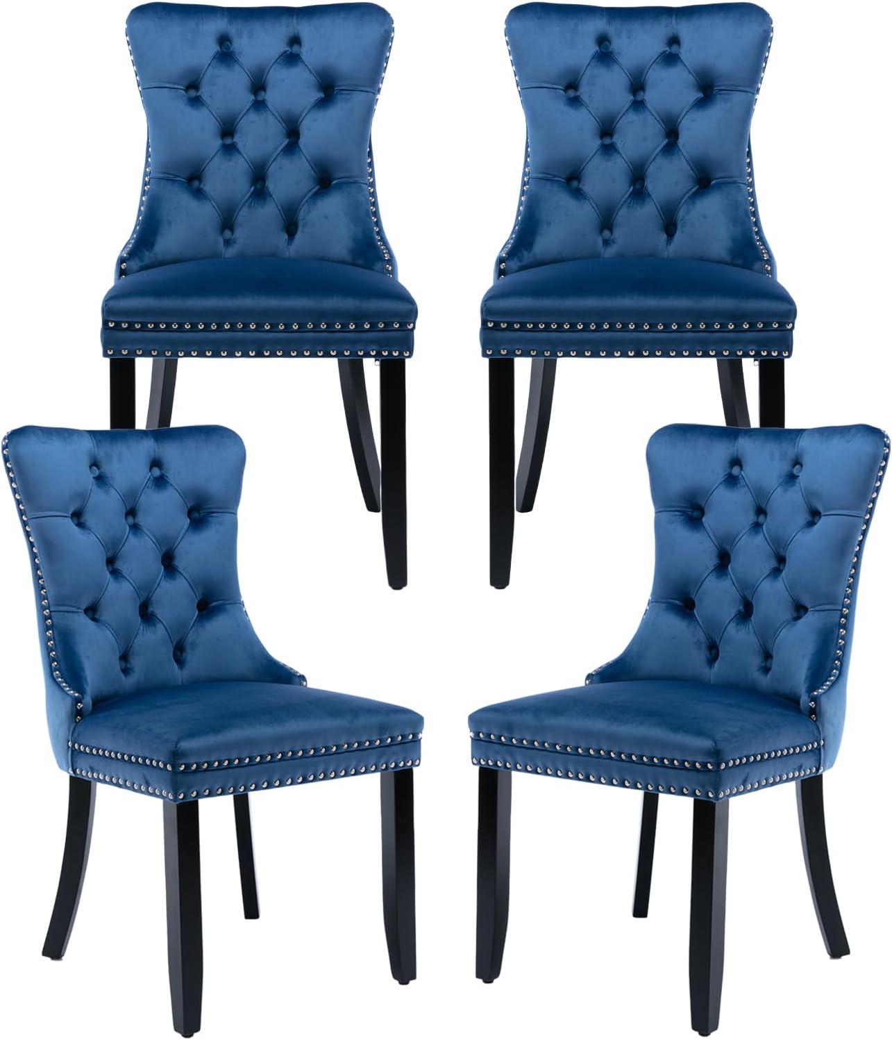 ODUSE-DAILY Velvet Dining Chairs Set of 4, Navy Kitchen & Dining Room Chairs, Tufted Dining Chairs, Fabric Upholstered, Solid Wood, Sillas De Comedor (Blue, 4 Pcs)