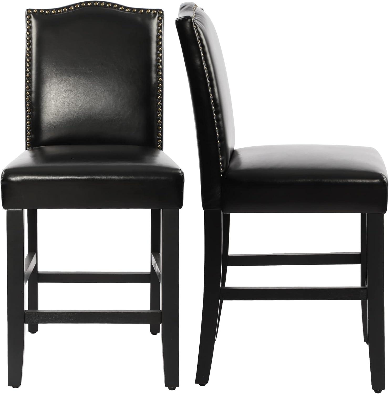 Black Faux Leather and Wood Counter Height Stools, Set of 2