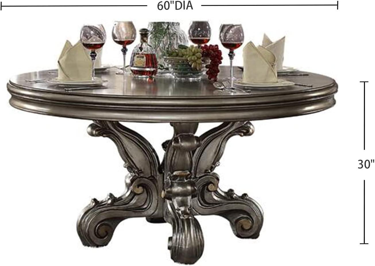 60" Versailles Dining Table Antique Platinum Finish - Acme Furniture: Elegant Pedestal Base, Seats Six, Wood Surface