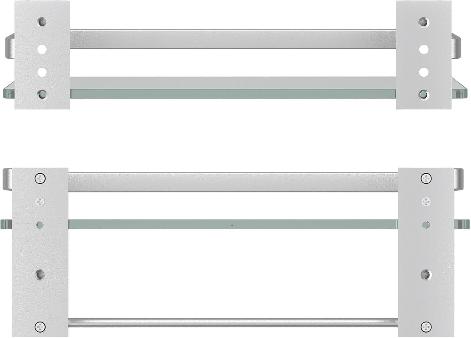 Matte Silver Bathroom Shelves Wall Mounted- Clear Tempered Glass Shelf with Towel Bar and Hand Towel Holder