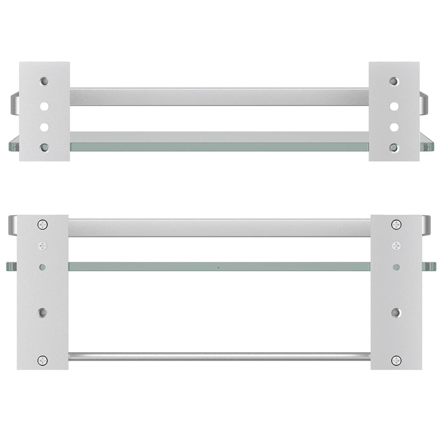 Matte Silver Bathroom Shelves Wall Mounted- Clear Tempered Glass Shelf with Towel Bar and Hand Towel Holder