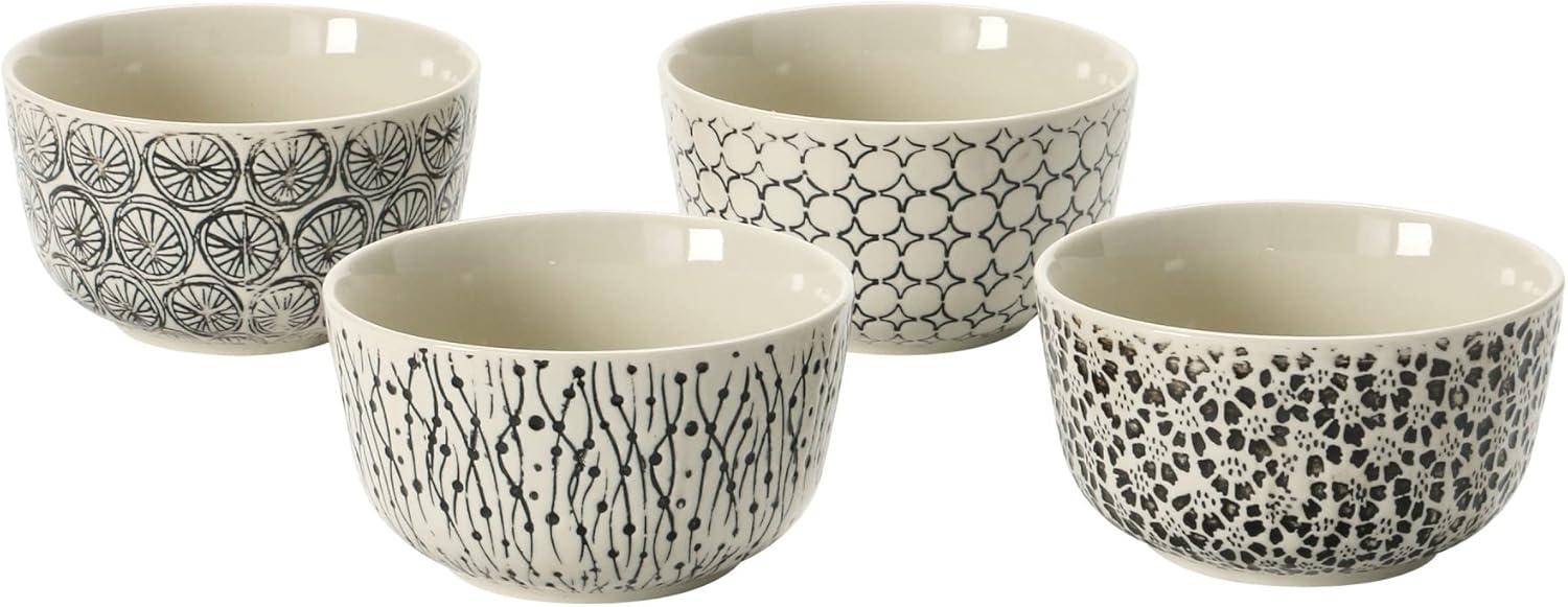 Creative Co-Op Hand-Stamped Stoneware Bowl with Embossed Pattern, Black and Cream Color, 4 Styles