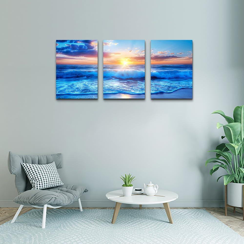 Sunrise Ocean Waves Canvas Wall Art For Living Room Bedroom Wall Decor Office Wall Pictures Blue Sea View Wall Paintings Beach Canvas Prints Artwork Modern Bathroom Home Decor Art 12" X 16" 3 Pieces