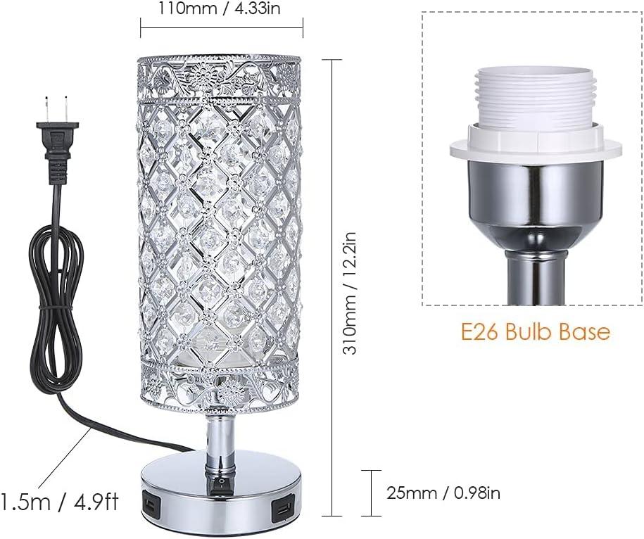 Crystal Table Lamp Set of 2, Bedside Nightstand Lamps with 2 USB Charging Ports, Silver Crystal Desk Lamp for Bedroom Living Room