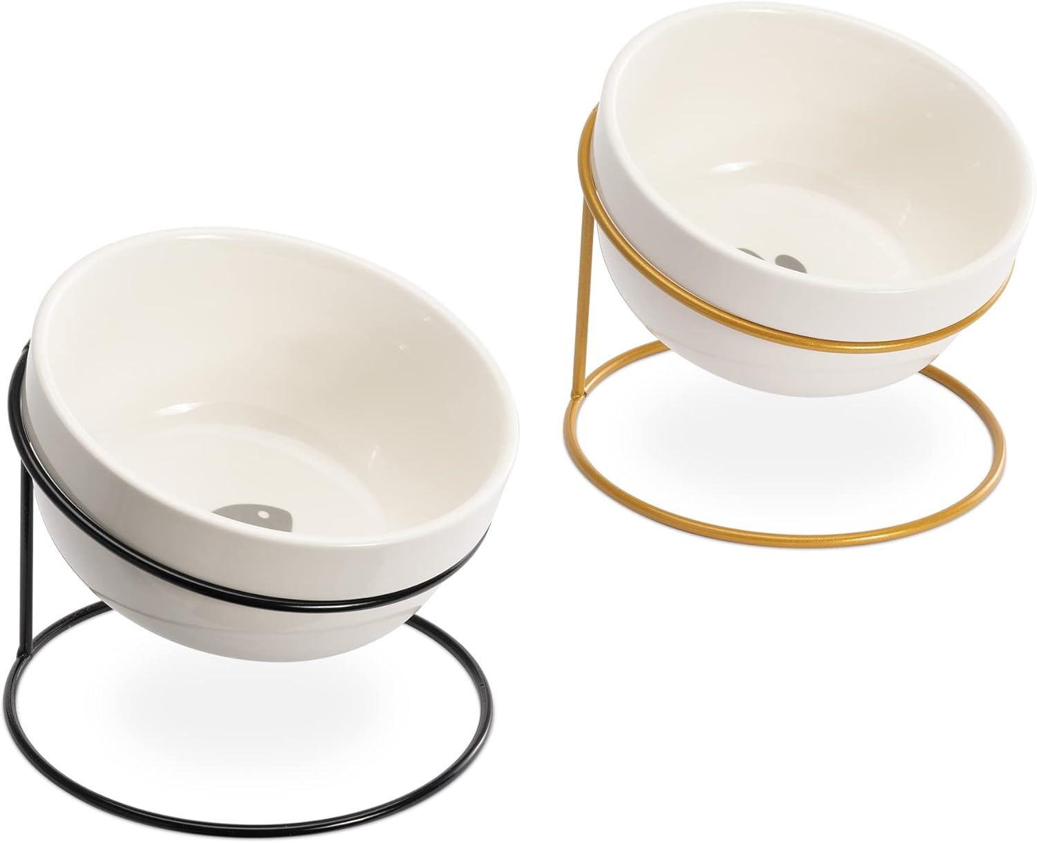 Elevated Ceramic Pet Bowls with Black and Gold Metal Stands