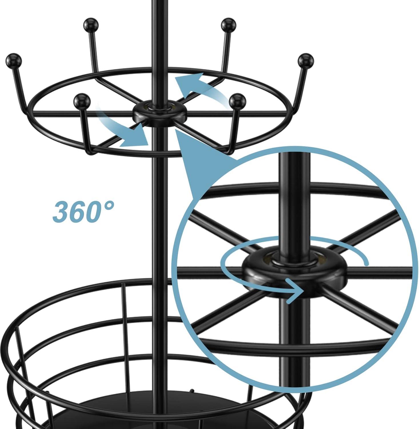 360° Rotating Coffee Mug Holder - Metal 3 Tier Mug Tree Rack Cup Holder for Countertop with 10 Hooks, Coffee Pods Holder for Bar Organizer Kitchen Counter - Black