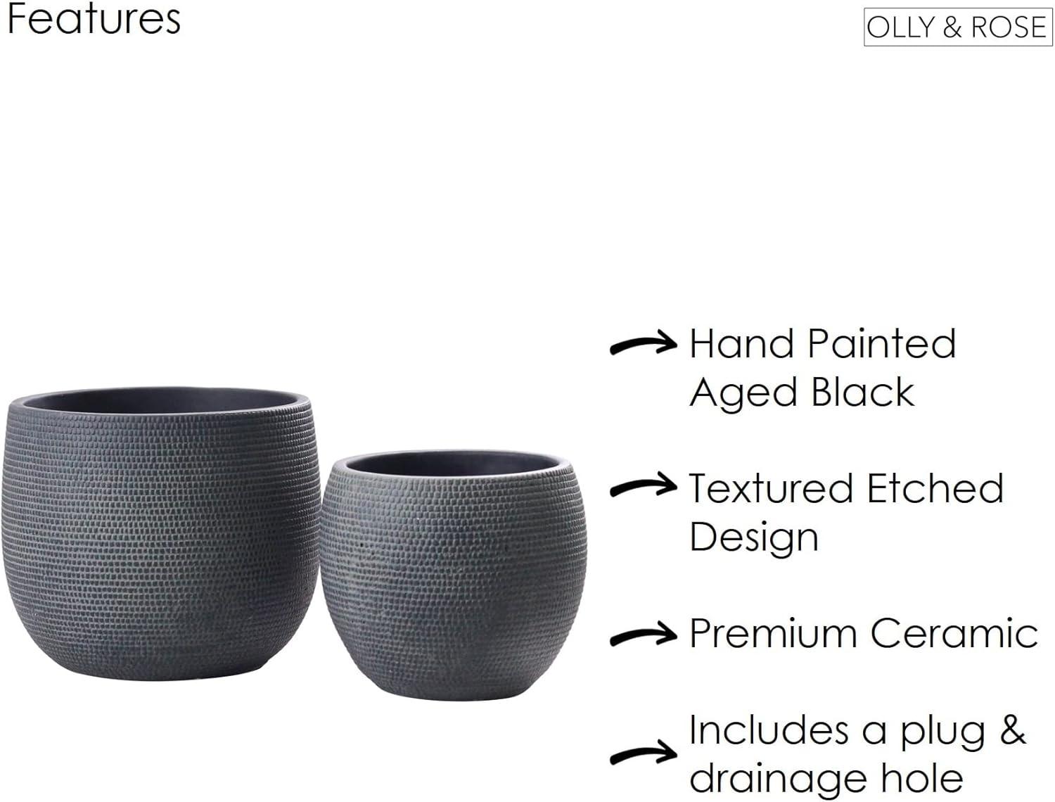 Olly & Rose Barcelona Ceramic Plant Pot Set 2 - Indoor & Outdoor Planters (Black)