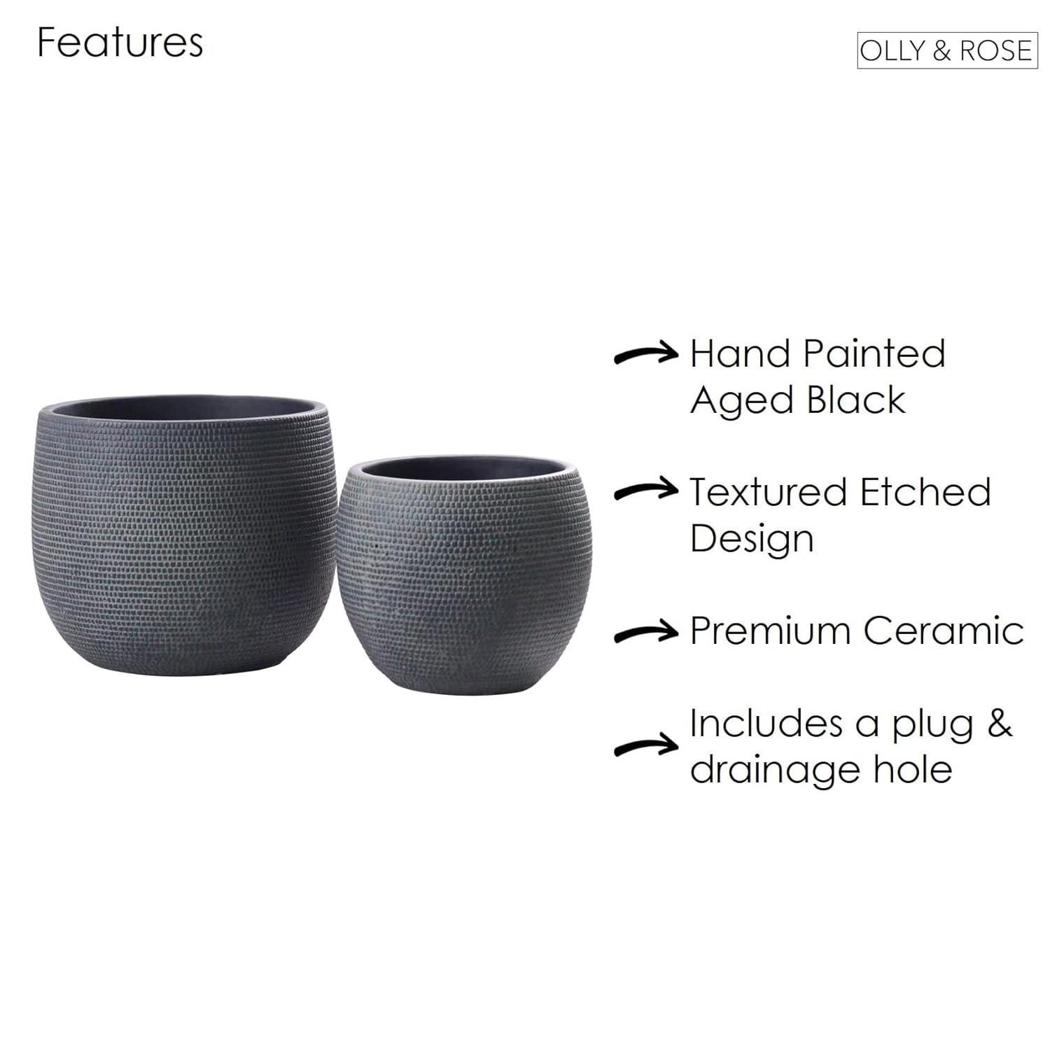 Olly & Rose Barcelona Ceramic Plant Pot Set 2 - Indoor & Outdoor Planters (Black)