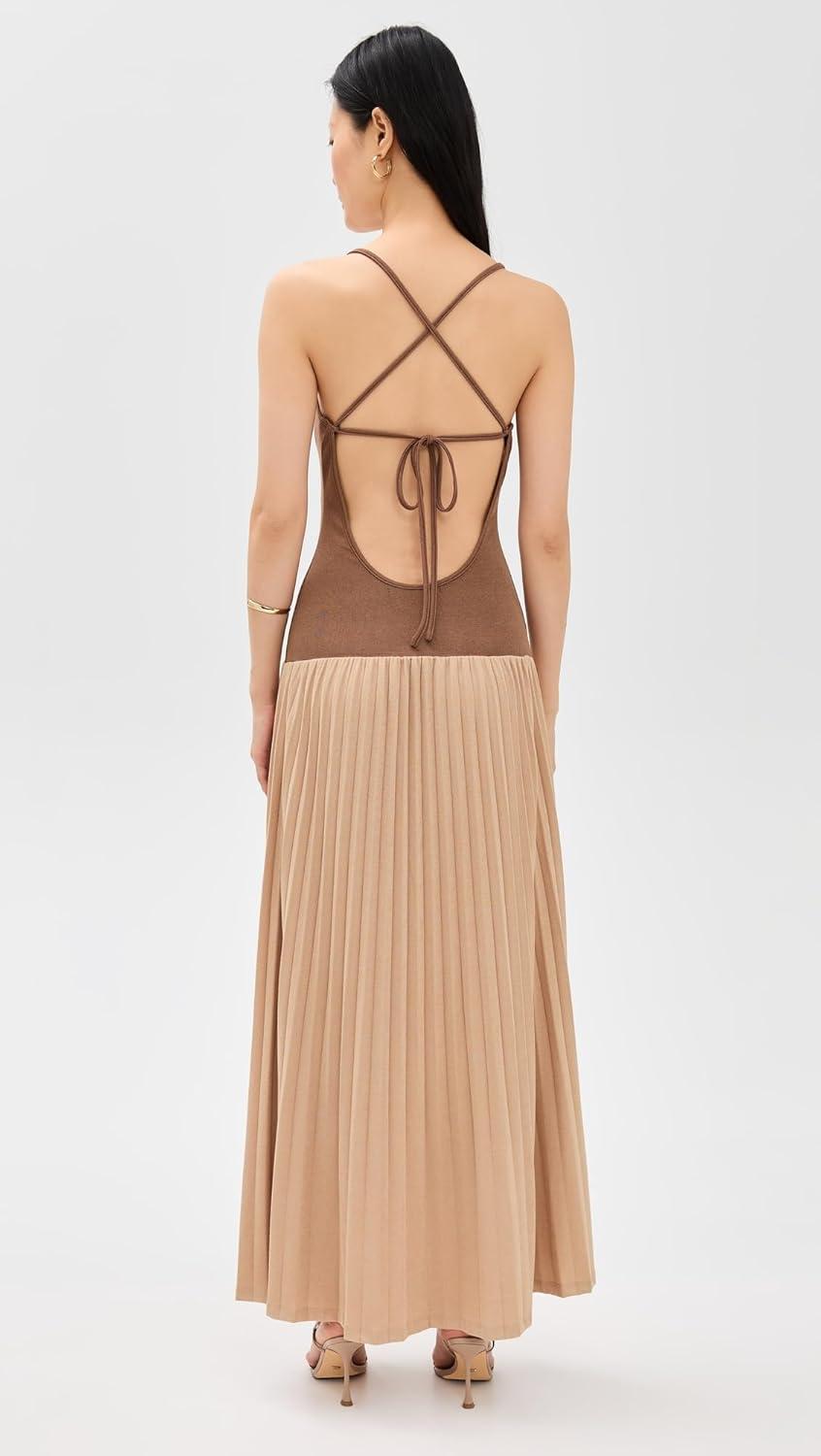 Chocolate Brown Sleeveless Maxi Dress with Pleated Skirt