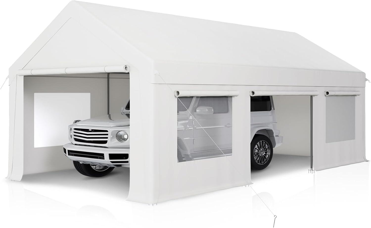 12' x 20' White Portable Metal Frame Carport with Windows