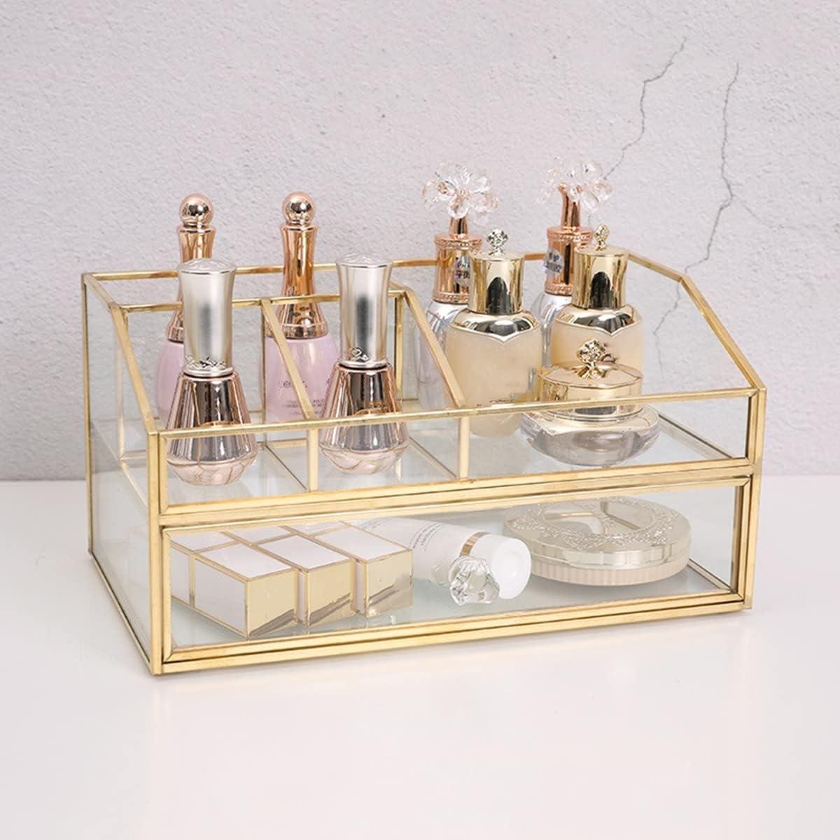 Glass Makeup Brush Holder, Makeup Brush Organizer Jewelry Display Box, Nordic Style Elegant Glass Makeup Organizer Nail Polish Lipsticks Eyeliners Holder for Vanity Bathroom Bedroom Office