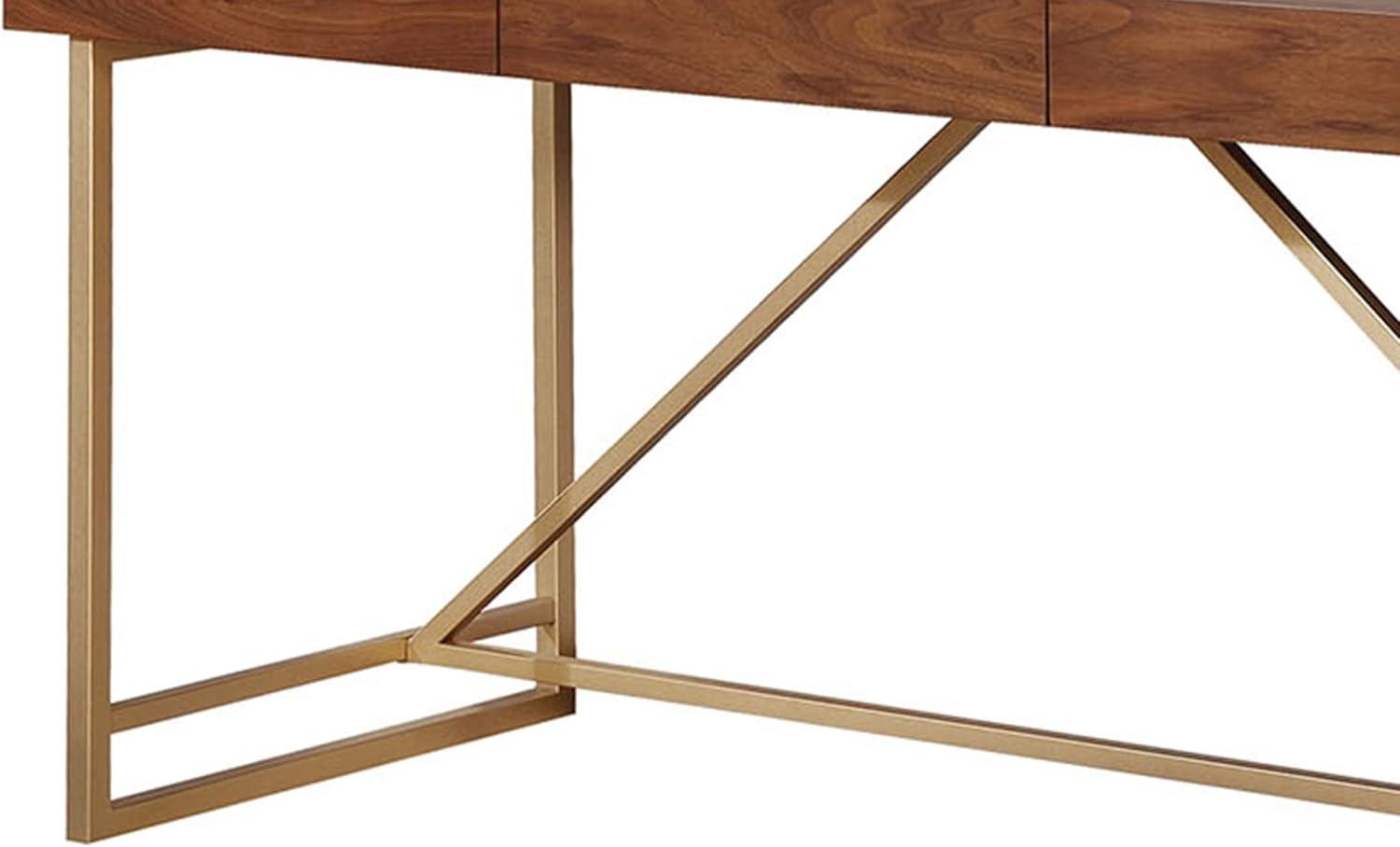 Modern Style Wooden Writing Desk with Unique Metal Legs in Walnut Brown and Gold