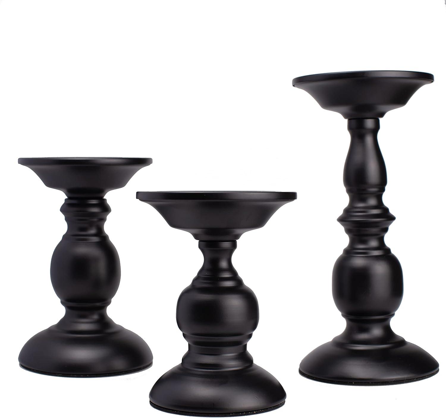 Black Metal Pillar Candle Holders Set of 3,Decorative Candlestick Candle Holders Stand, Retro Candle Holder Centerpiece for Bedroom Livingroom Wedding,5.3/6.8/9.1 Inches