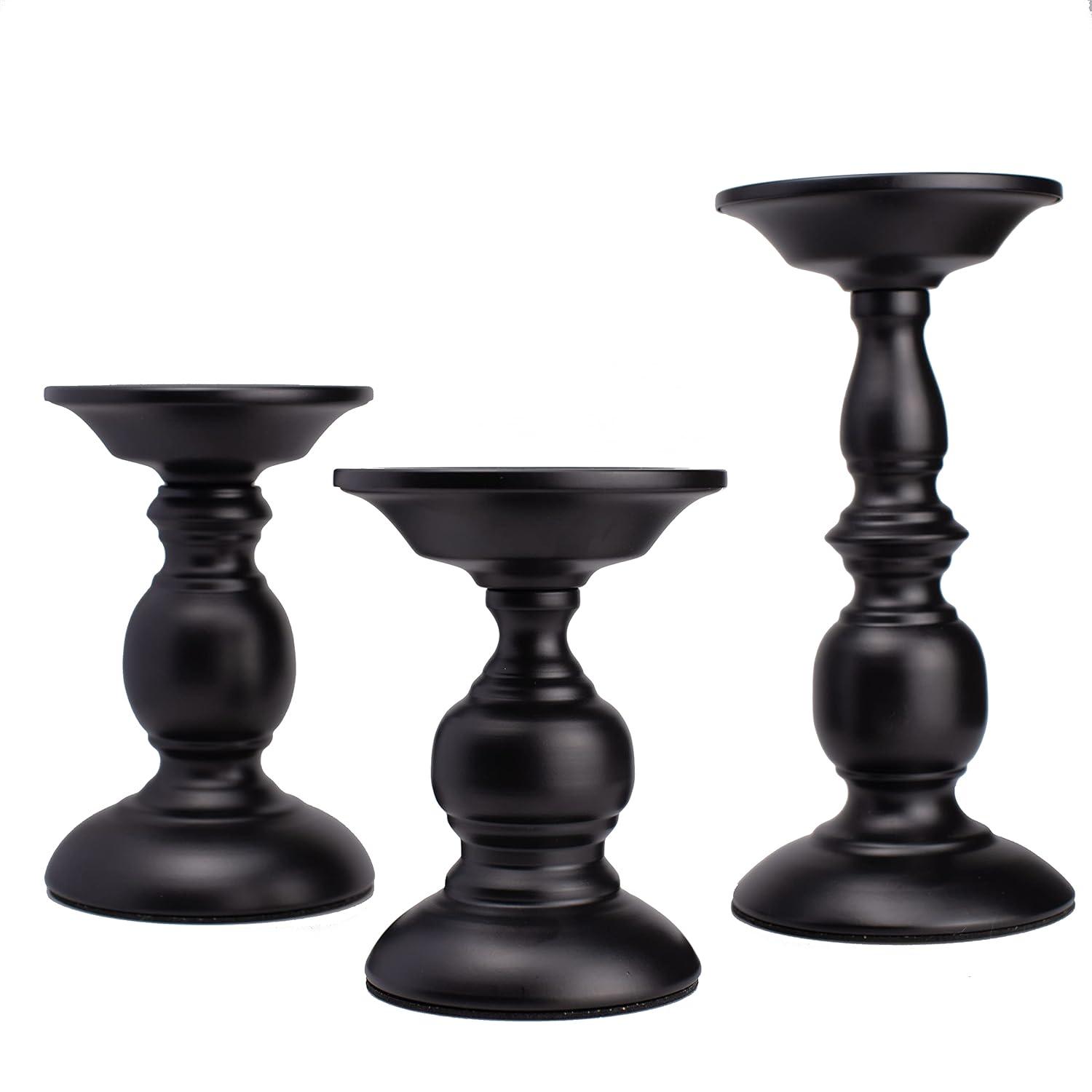 3 Pcs Black Metal Pillar Candle Holder, Iron Candle Stands, 5.3/6.8/9.1 Inches Tall Pillar Candle Holder Set,Scented Candle Stands, Retro Table Centerpiece Decor for Fireplace