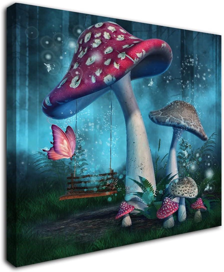 Magical Forest Wall Art Fantasy Mushroom Wall Decor Nature Landscape Plant Picture Butterflies Canvas Print Nursery Decor Fairytale Theme Wall Painting for Home Kids Bedroom Dorm Decoration 12"x12"