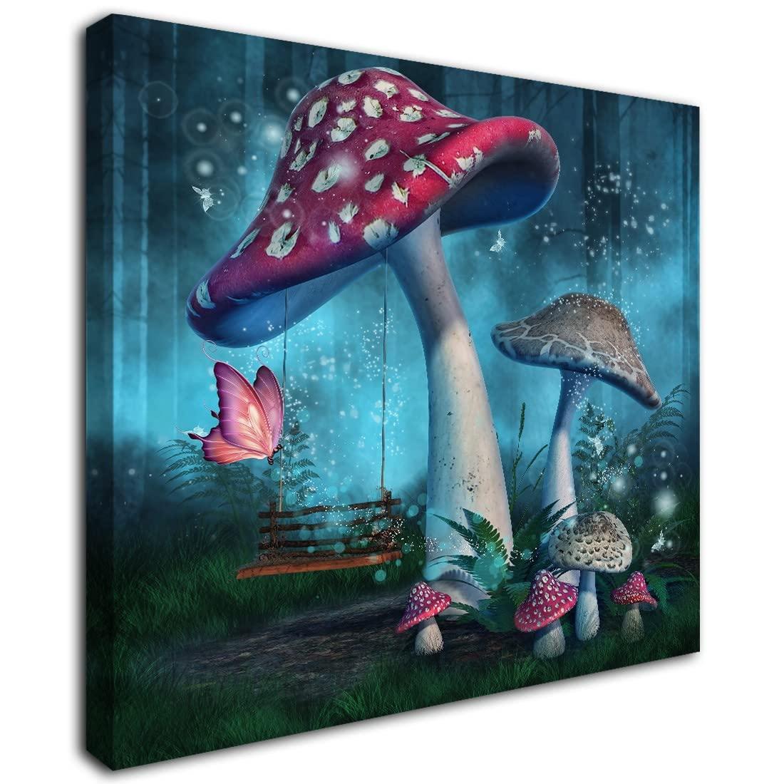Magical Forest Wall Art Fantasy Mushroom Wall Decor Nature Landscape Plant Picture Butterflies Canvas Print Nursery Decor Fairytale Theme Wall Painting for Home Kids Bedroom Dorm Decoration 12"x12"