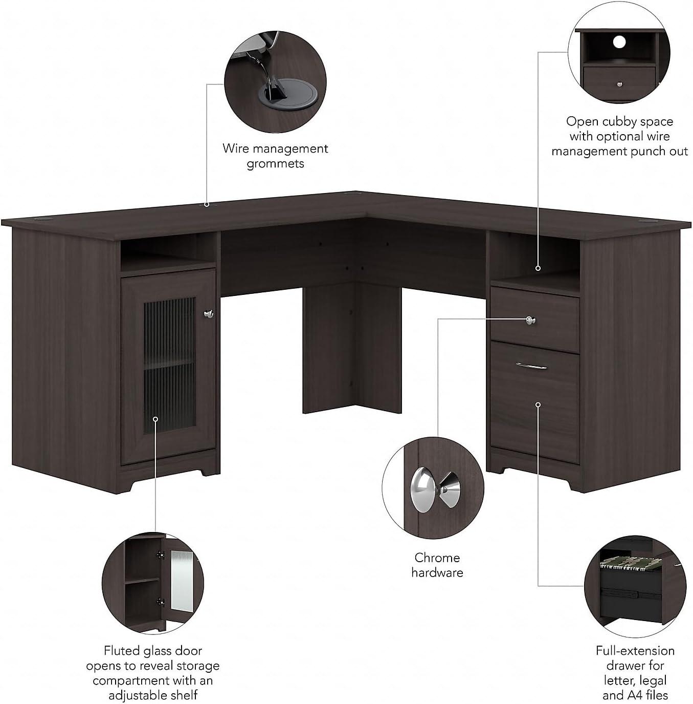 Cabot Modern 60W L Desk with File Drawer, Box Drawer and Storage Cabinet in Heather Gray