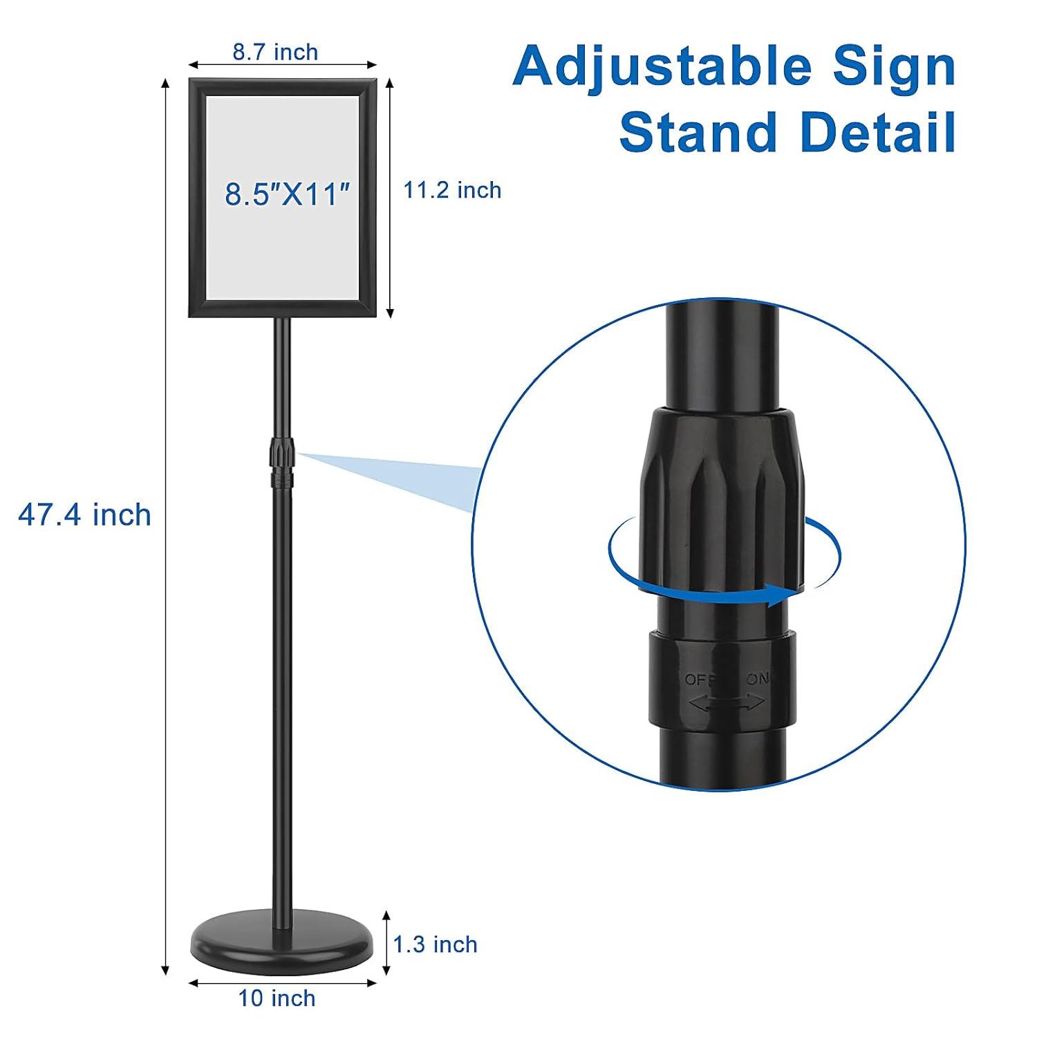 Adjustable Sign Holder Stand 8.5x11 inch,Pedestal Floor Signage Standing Holder with Heavy Duty Base, Aluminum Snap Open Frame Display for Business Restaurant, Mall,Schools-1 Pack