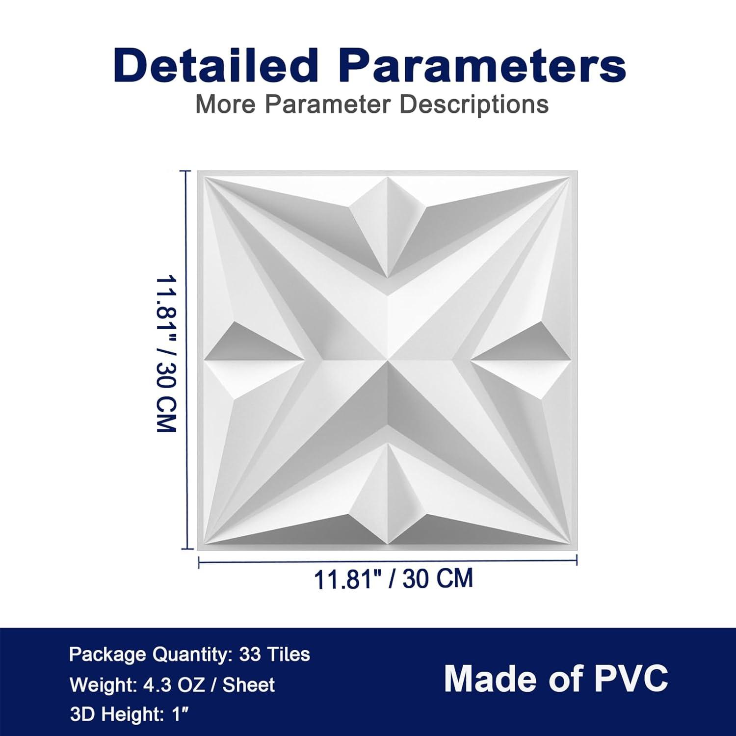 MIX3D Decorative 3D Wall Panels Star Textured PVC Wall Panels for Interior Wall Decor, 12''x12'' White Pack of 33 Tiles Cover 32 Sq. Ft