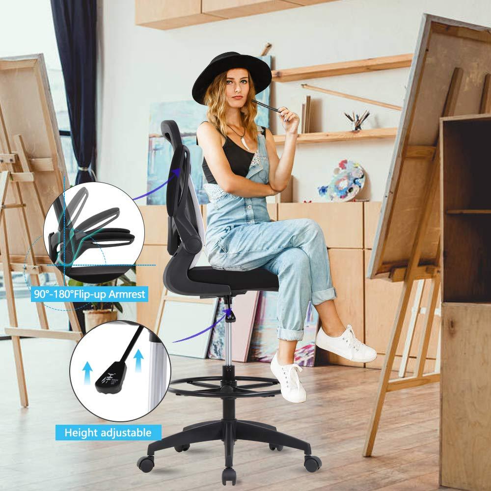 Drafting Chair Tall Office Chair Adjustable Height with Lumbar Support Flip Up Arms Footrest Mid Back Task Mesh Desk Chair Computer Chair Drafting Stool for Standing Desk, Black