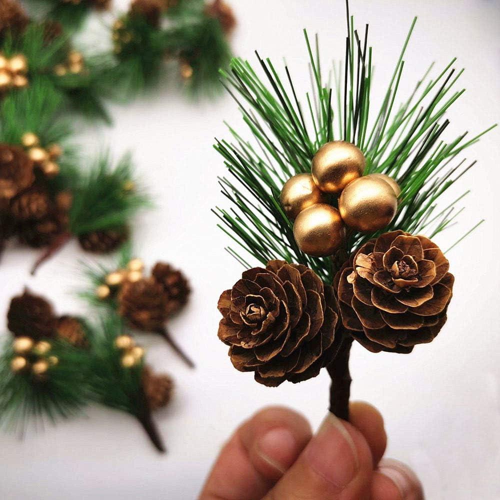 20 PCS Pine Needles Branches with Gold Berry Stems Mini Pinecone Picks for Crafts Holiday Wreath Christmas Tree Ornaments Decor by Baryuefull