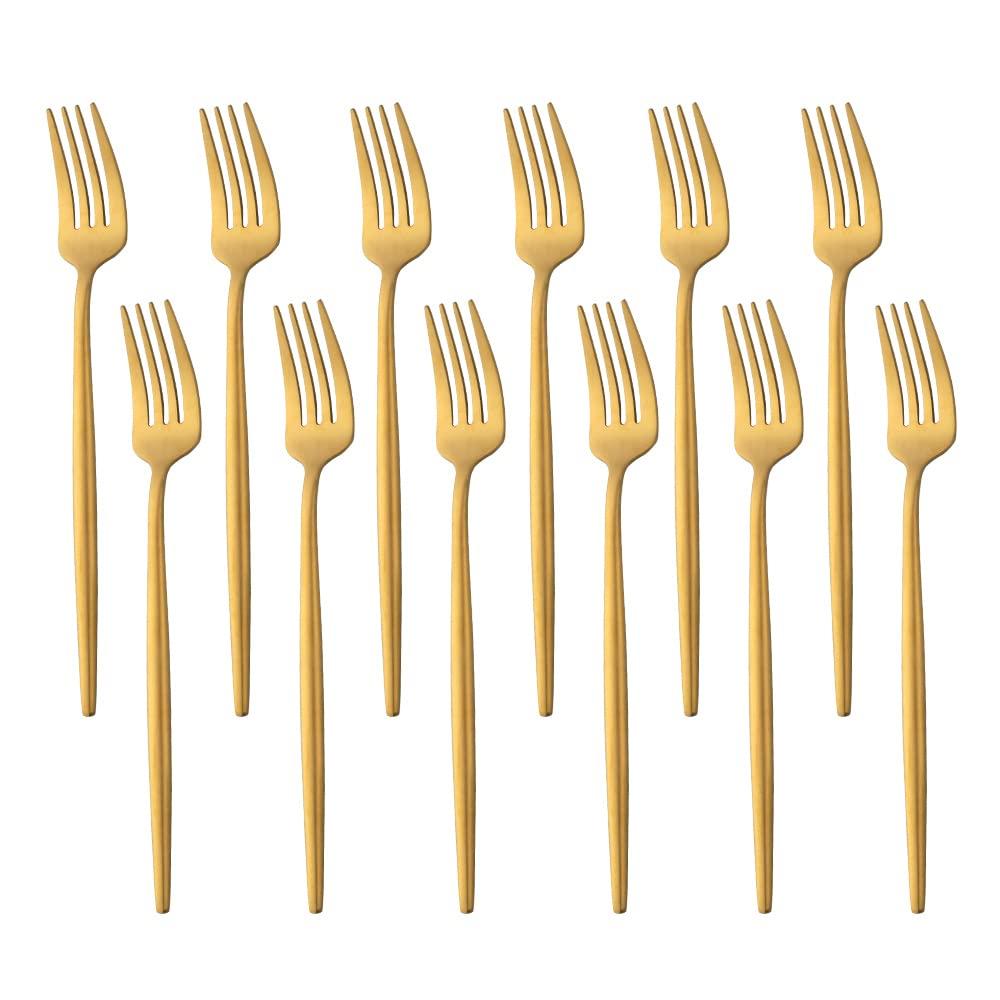 BUY&USE 12 PCS Modern Stainless Steel Dinnerware Flatware Set, Reusable Popular Dinner Fork, Widely Use on Home, Restaurant, Party, 8.6 Inch, Gold