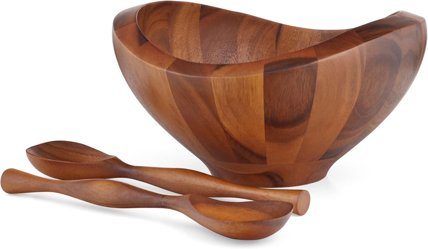 Nambe Bella Acacia Wood Salad Bowl w/ Servers,Bowl: 15" D x 8" H Servers: 13" L