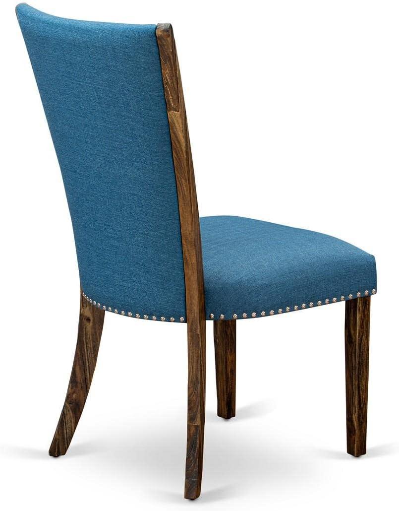 Verona Distressed Jacobean Wood Frame Dining Chair with Blue Linen Fabric Seat with Nail Head & Stylish Back - Set of 2