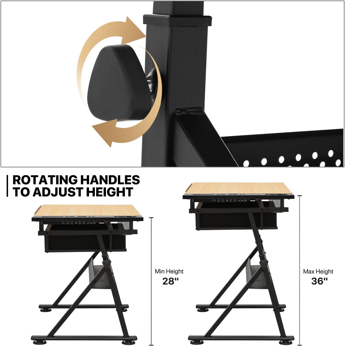 Natural Adjustable Drafting Table with Stool and Storage