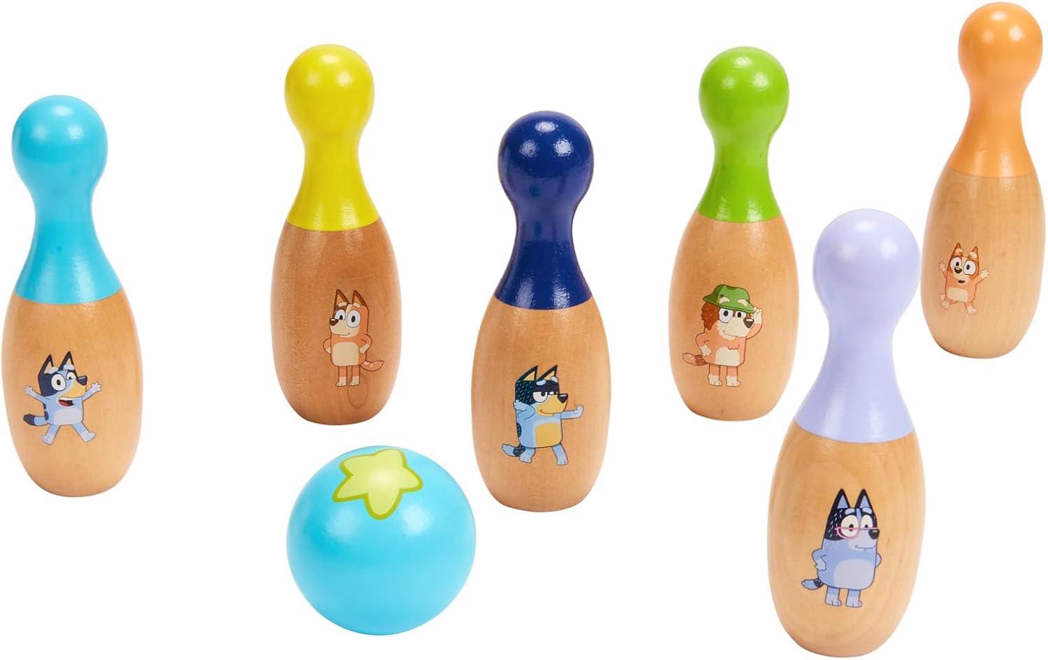 Bluey Wooden Bowling Skittles Set, Indoor & Outdoor Bowling Play, 6 Pins and 1 Bowling Ball, Ages 3+