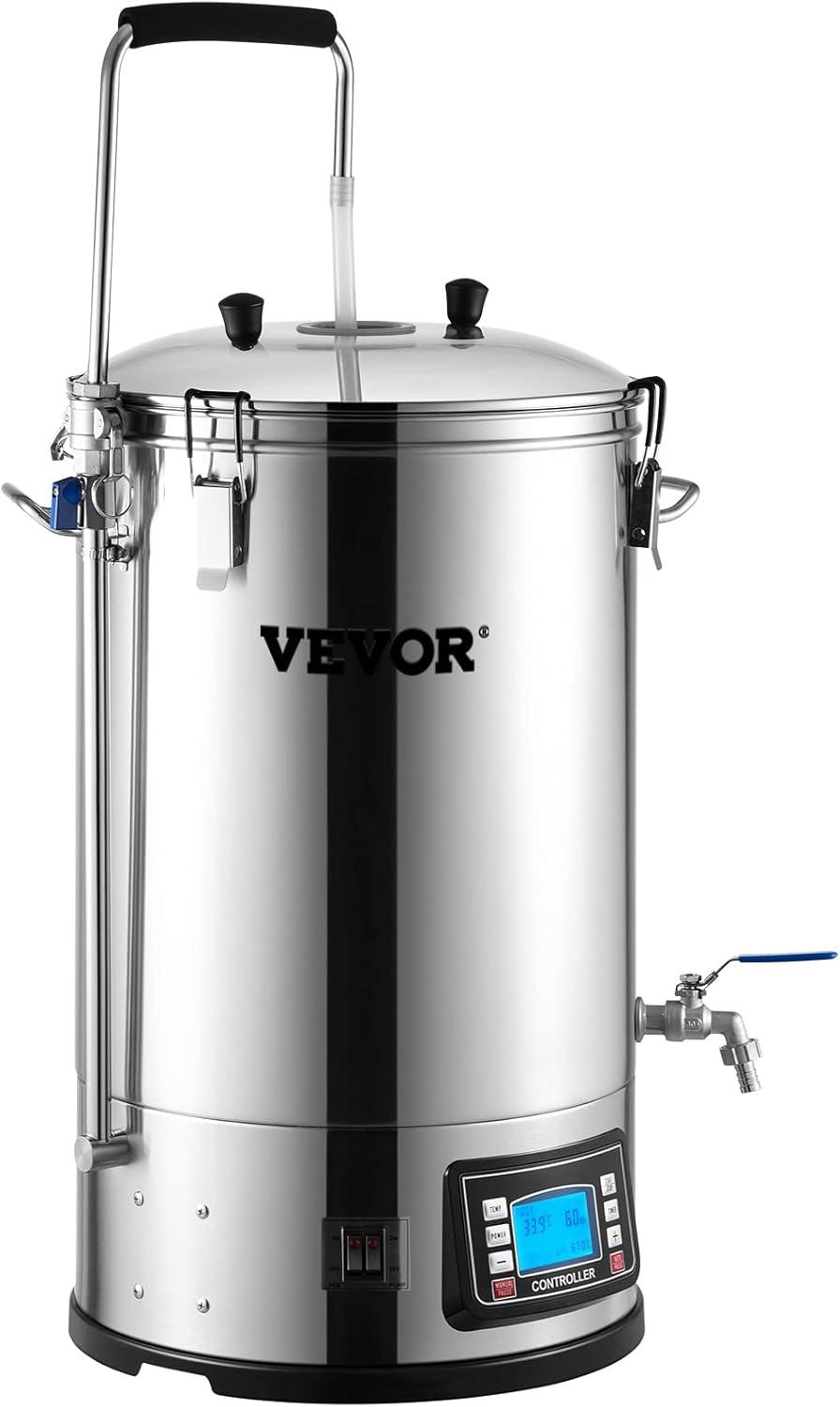 VEVOR Electric Brewing System, 9.2 Gal/35 L Brewing Pot, All-in-One Home Beer Brewer w/Pump, Mash Boil Device w/Panel, Auto/Manual Mode 100-1800W Power 25-100℃ Temp 1-180 min Timer Recipe Memory