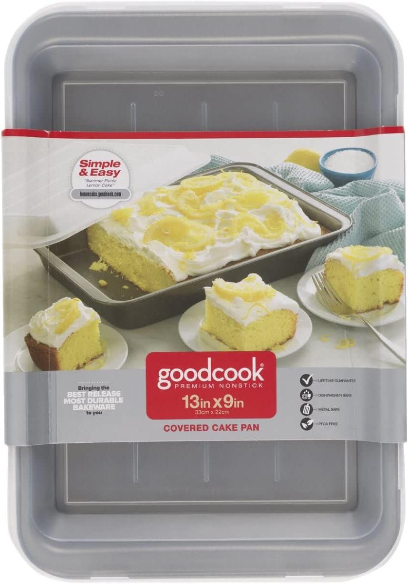 Goodcook 13" x 9" Premium Nonstick Steel Covered Cake Pan with Plastic Lid, Gray/Clear