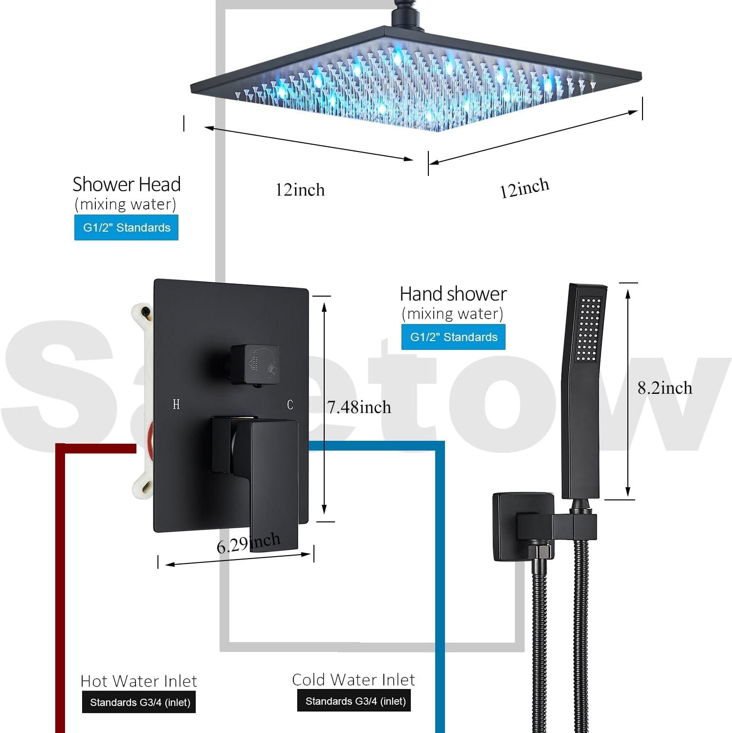 12" Ceiling Mounted Shower Head Pressure Balancing Rain Shower System with Rough-in Valve and Trim Kit