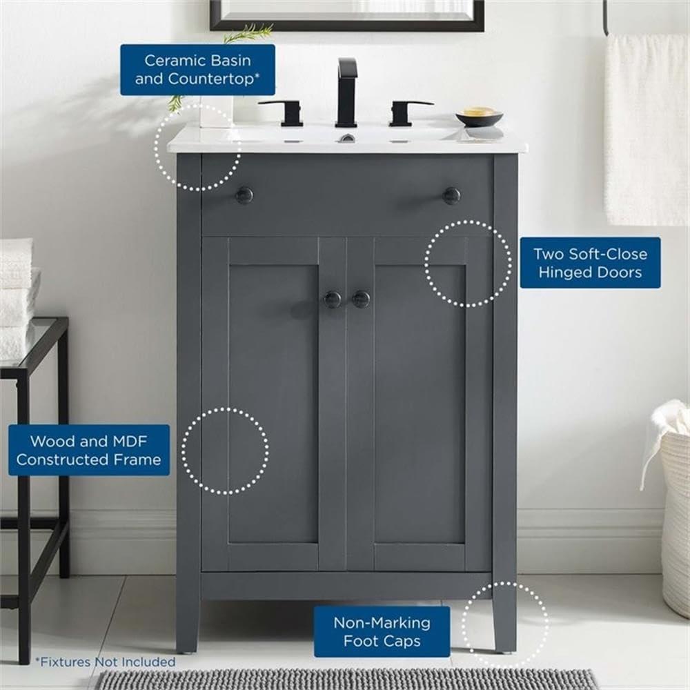 Modway Nantucket 24" Modern Wooden Bathroom Vanity in Gray and White