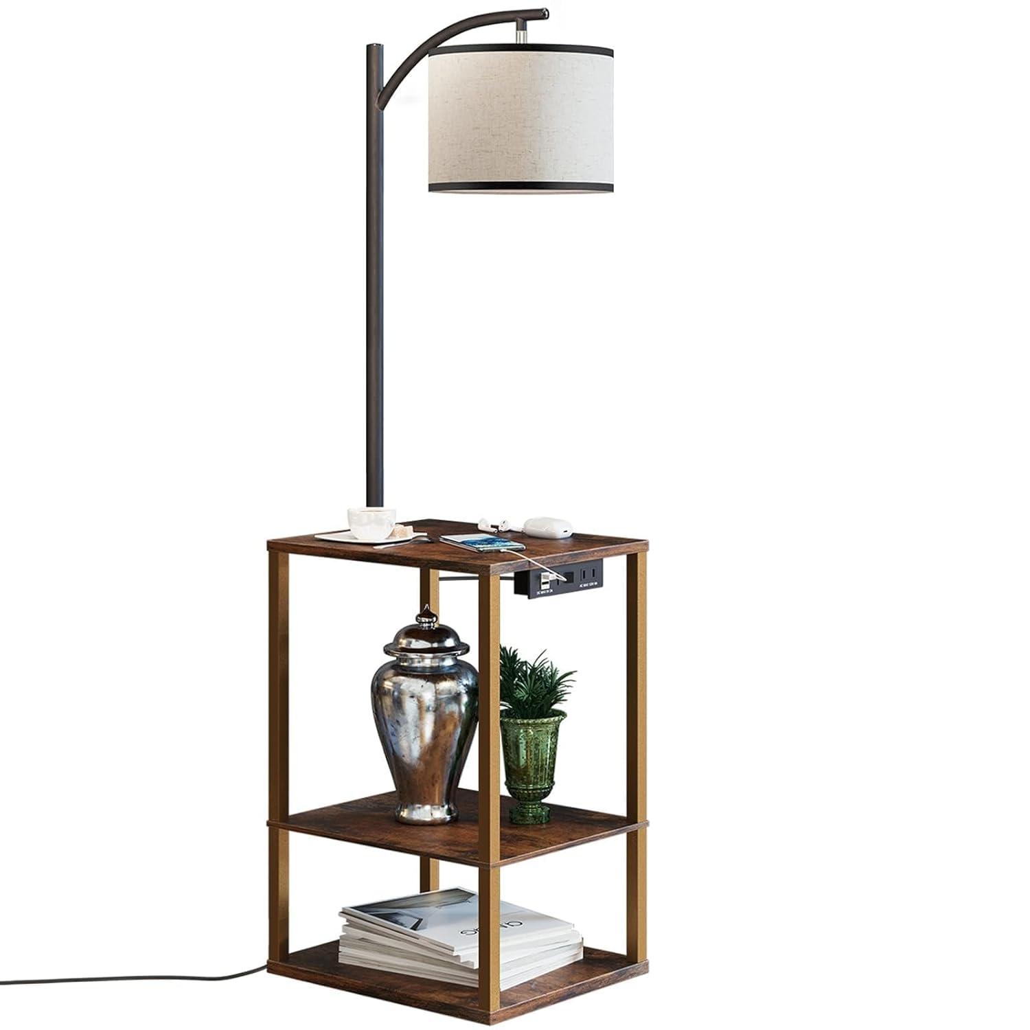 SUNMORY Floor Lamp with Table, Lamps for Living Room with USB Port, Attached End Table with Shelves, Brown