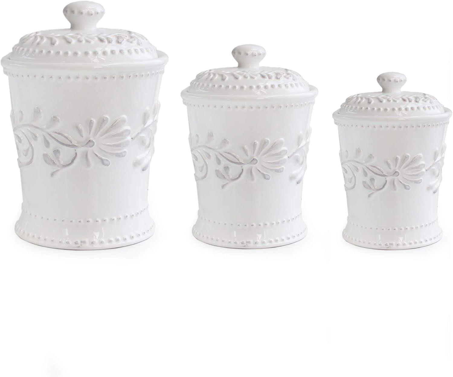 Bianca Leaf White Porcelain Variety Set of Three Kitchen Canisters, Table Top Storage