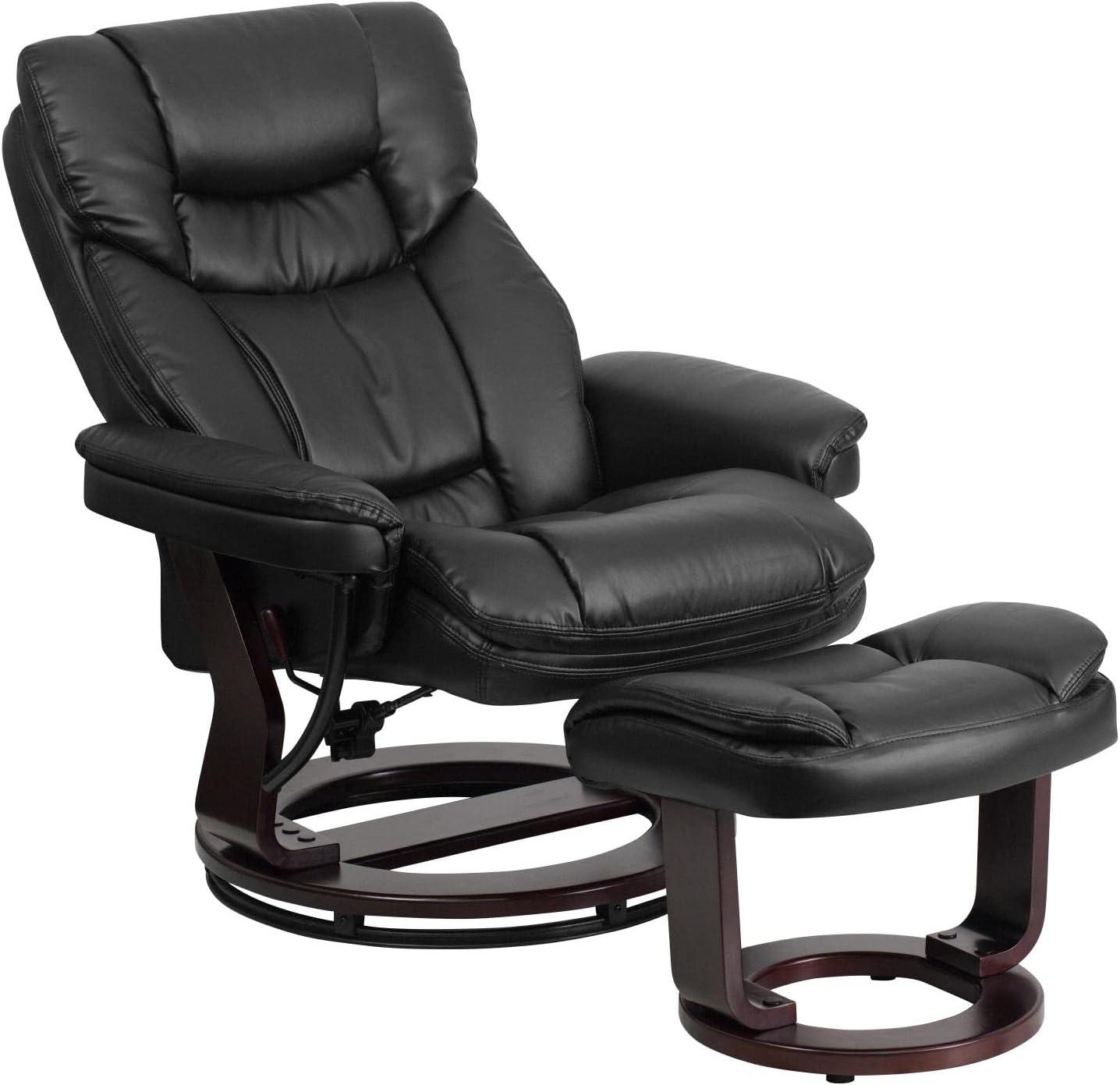 Sustainably Sourced Black Leather Swivel Recliner with Mahogany Wood Base