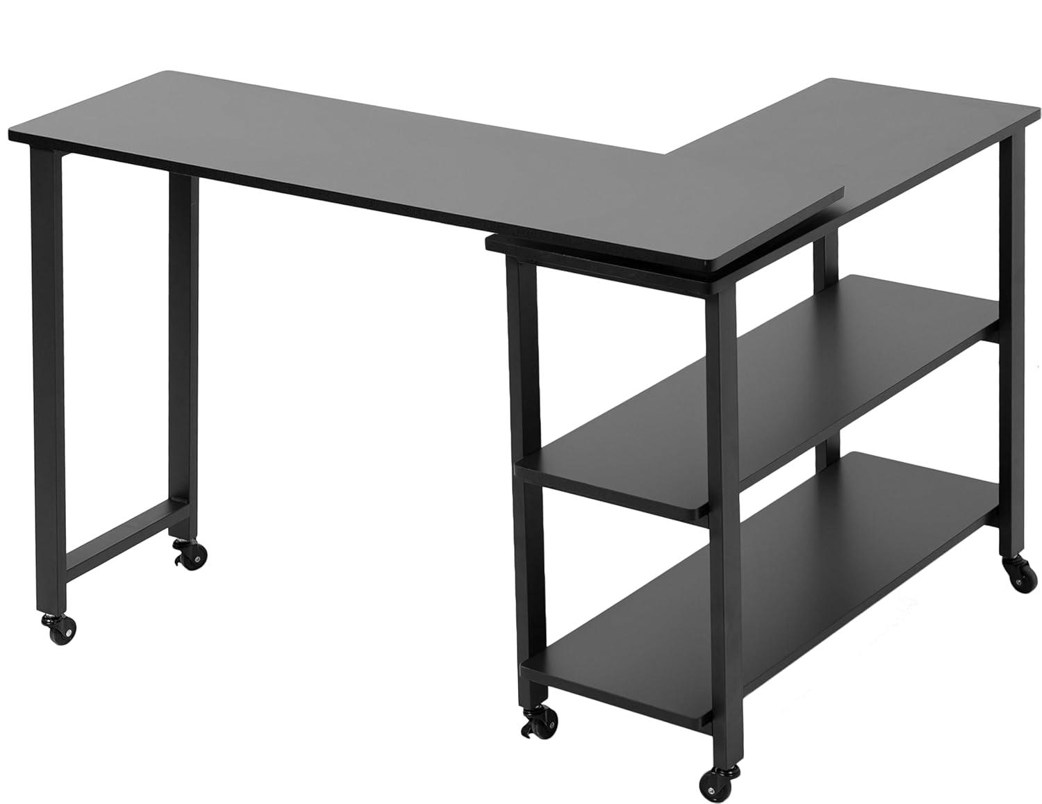 Black Glossy Particle Board Mobile Corner Writing Desk with Drawer