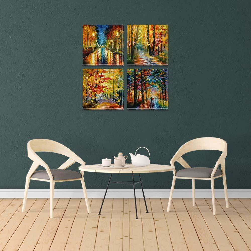 JEUXUS Colorful Landscape Oil Painting Wall Art Canvas Paintings Abstract Texture Rainbow Trees with Walking People Prints Pictures 4 Pieces Living Room Bedroom Artwork 16x16in