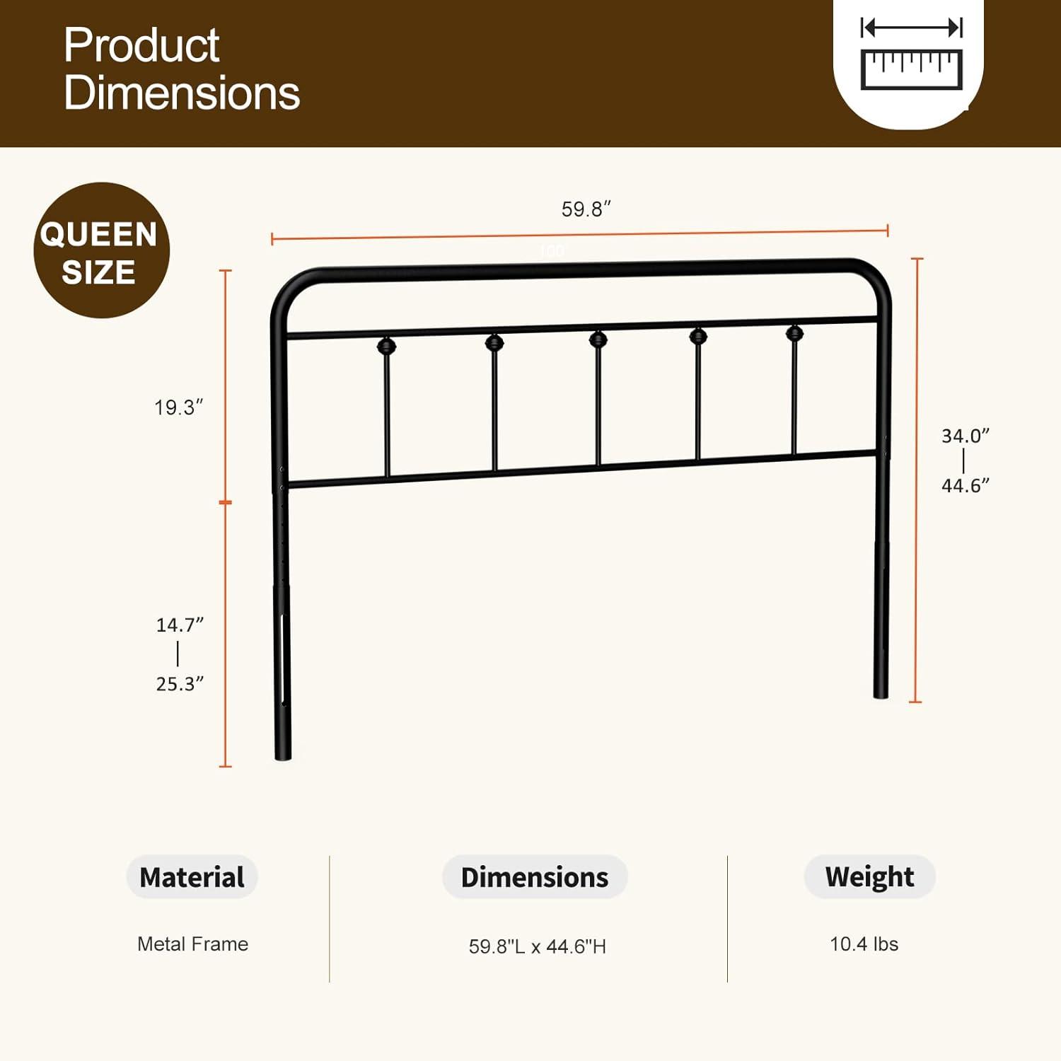 IKIFLY Metal Queen Size Headboard, Adjustable Height, Farmhouse Victorian Style, Easy Assembly, Steel Headboard Only for Bedroom - Black, Queen