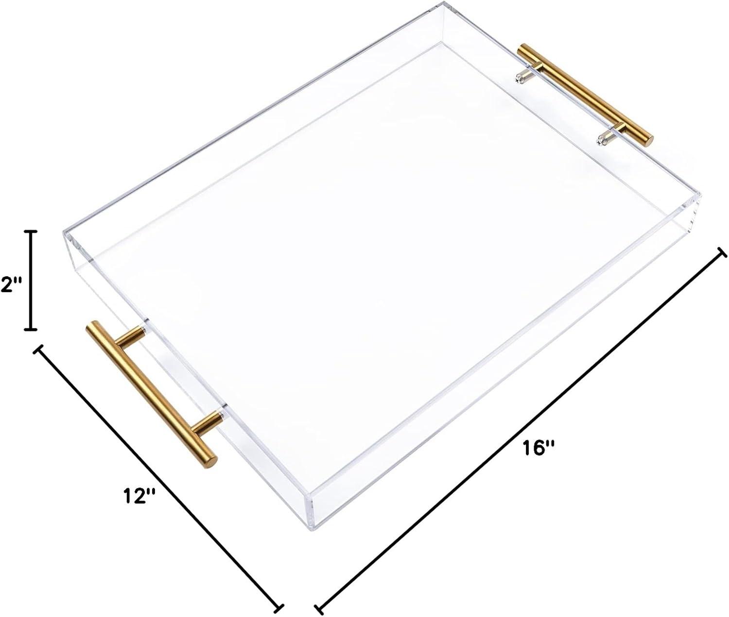 12"x16" Clear Acrylic Serving Tray with Golden Handles, Huge Capacity Sturdy Acrylic Tray for Coffee, Juice, Kitchen and Desk Organizer, Storage Tray (12"x16")