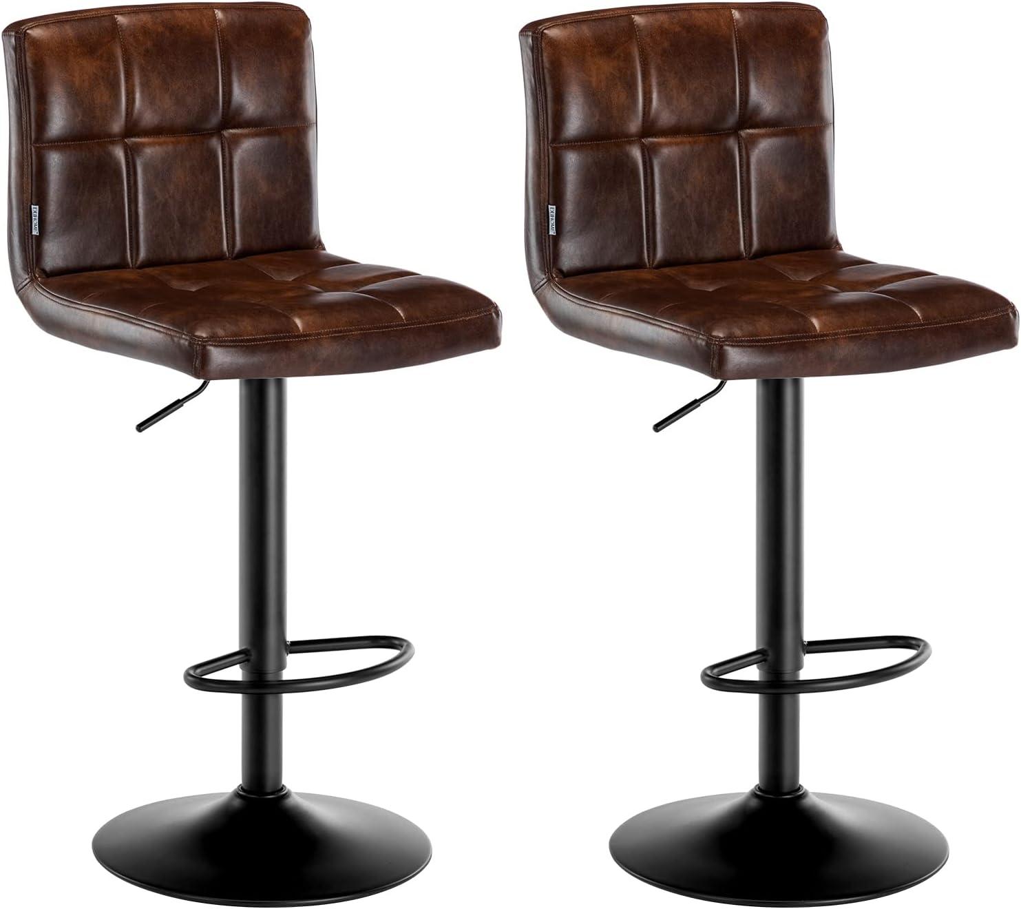 Adjustable Yellowish Brown Faux Leather Swivel Bar Stools with Iron Base