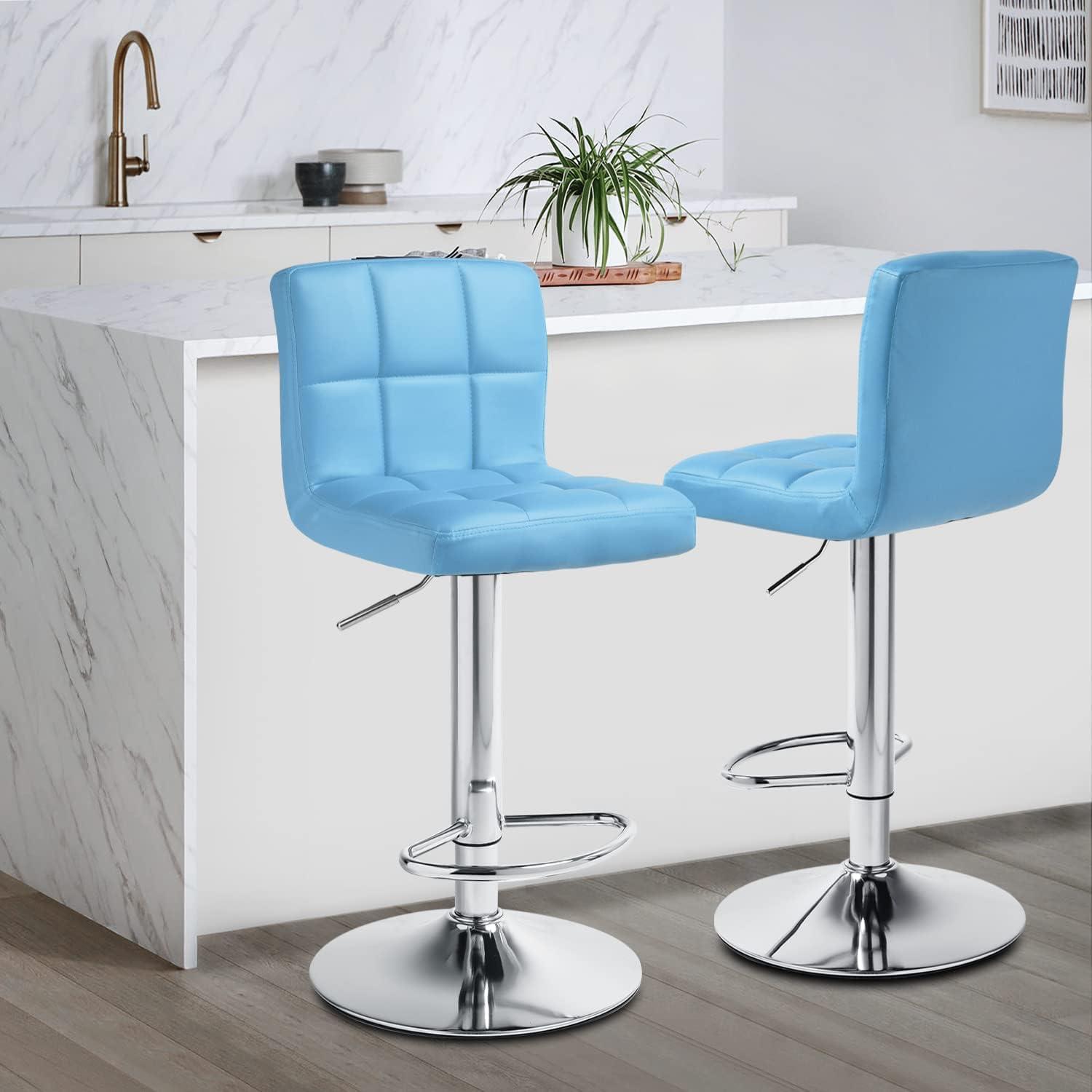 MoNiBloom Square Swivel Bar Stool Lift Pub Chair, Counter Height Chair Faux Leather with Backrest for Kitchen, Blue