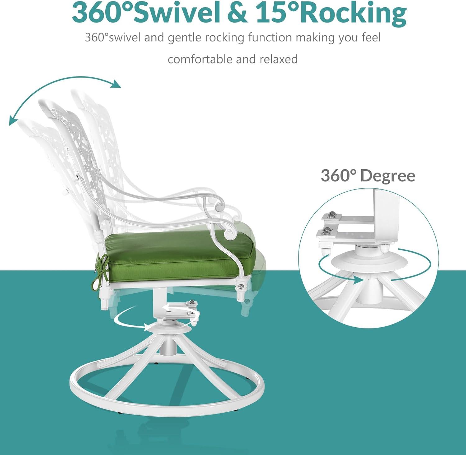 VIVIJASON Vivijason Patio Swivel Dining Chairs Set Of 2, All Weather Cast Aluminum Outdoor Dining Rocker Chairs, Patio Furniture Chair Set With Cushion For Balcony, Lawn, Garden, Backyard, White/green Cushion