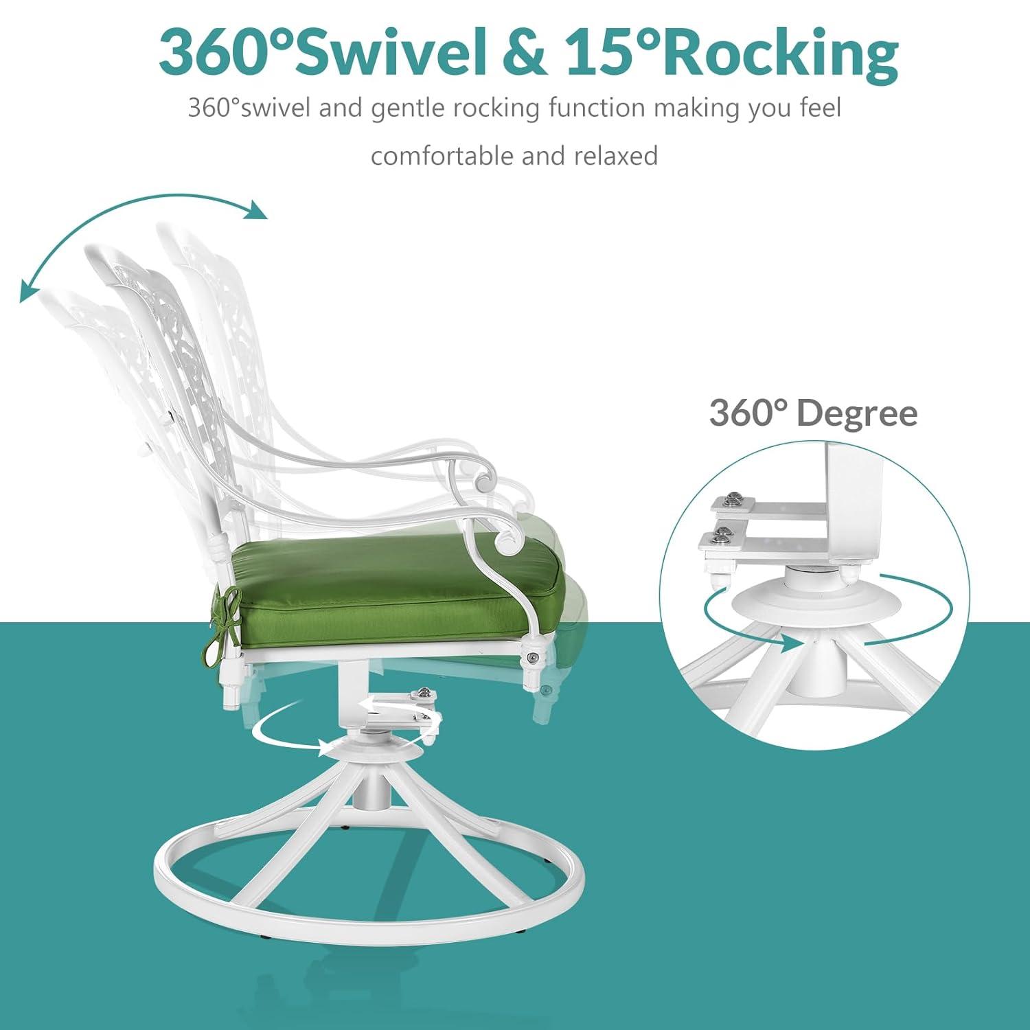 VIVIJASON Vivijason Patio Swivel Dining Chairs Set Of 2, All Weather Cast Aluminum Outdoor Dining Rocker Chairs, Patio Furniture Chair Set With Cushion For Balcony, Lawn, Garden, Backyard, White/green Cushion