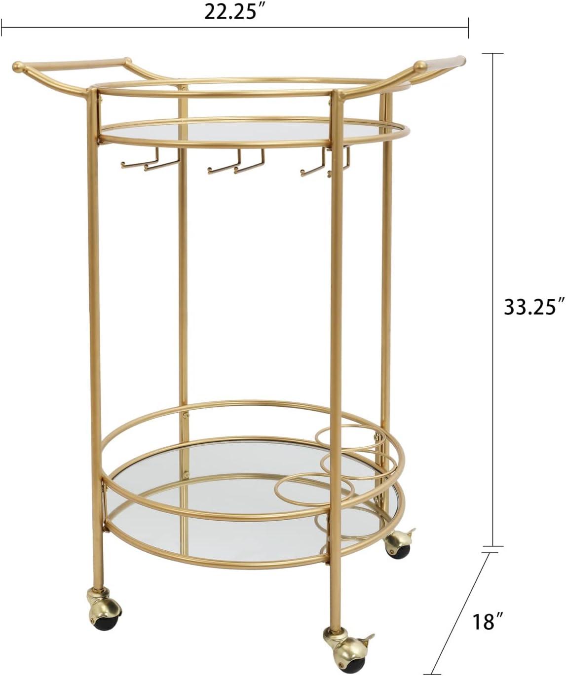 Gold Round Bar Cart with Glass Shelves and Wine Rack