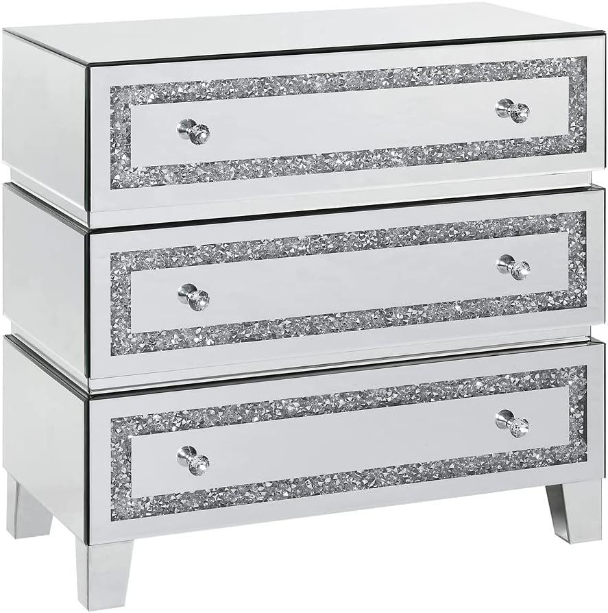 32" White Mirrored Glam Cabinet with Faux Diamond Inlay