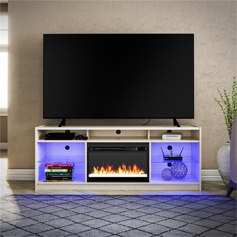 Luna Ivory Oak 65" Fireplace TV Stand with Adjustable Glass Shelves