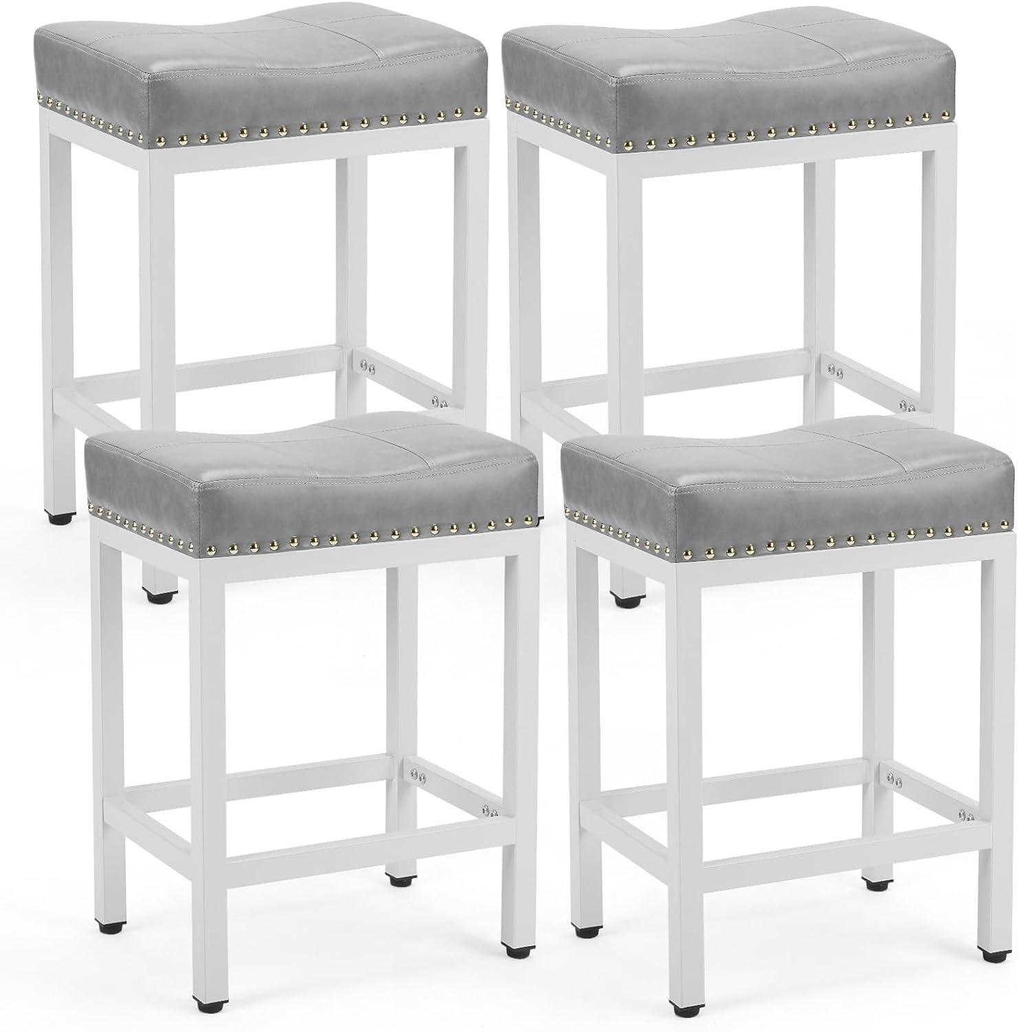 24" White Metal Saddle Bar Stools with Grey Faux Leather Cushion, Set of 4